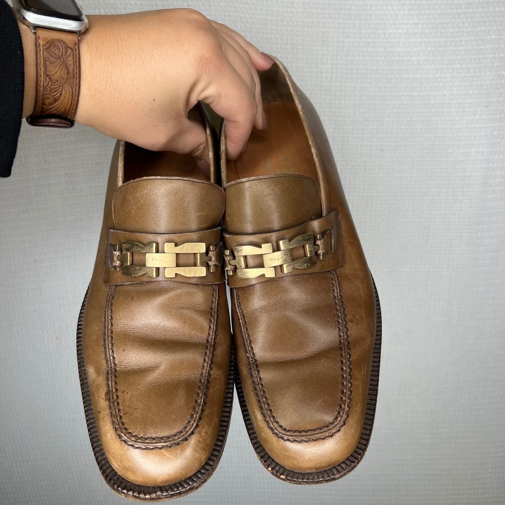 Salvatore Ferragamo Men's Loafers Dress Shoes Leather‎ Gold Buckle - Picture 2 of 8
